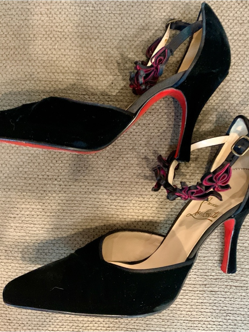 Christian Louboutin Vintage Velvet Heels with Pink Accent Strap